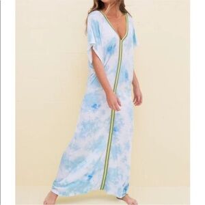 Pitusa Tie Dye Inca Abaya Long Kaftan Dress Pima Cotton Blue White Cover Up